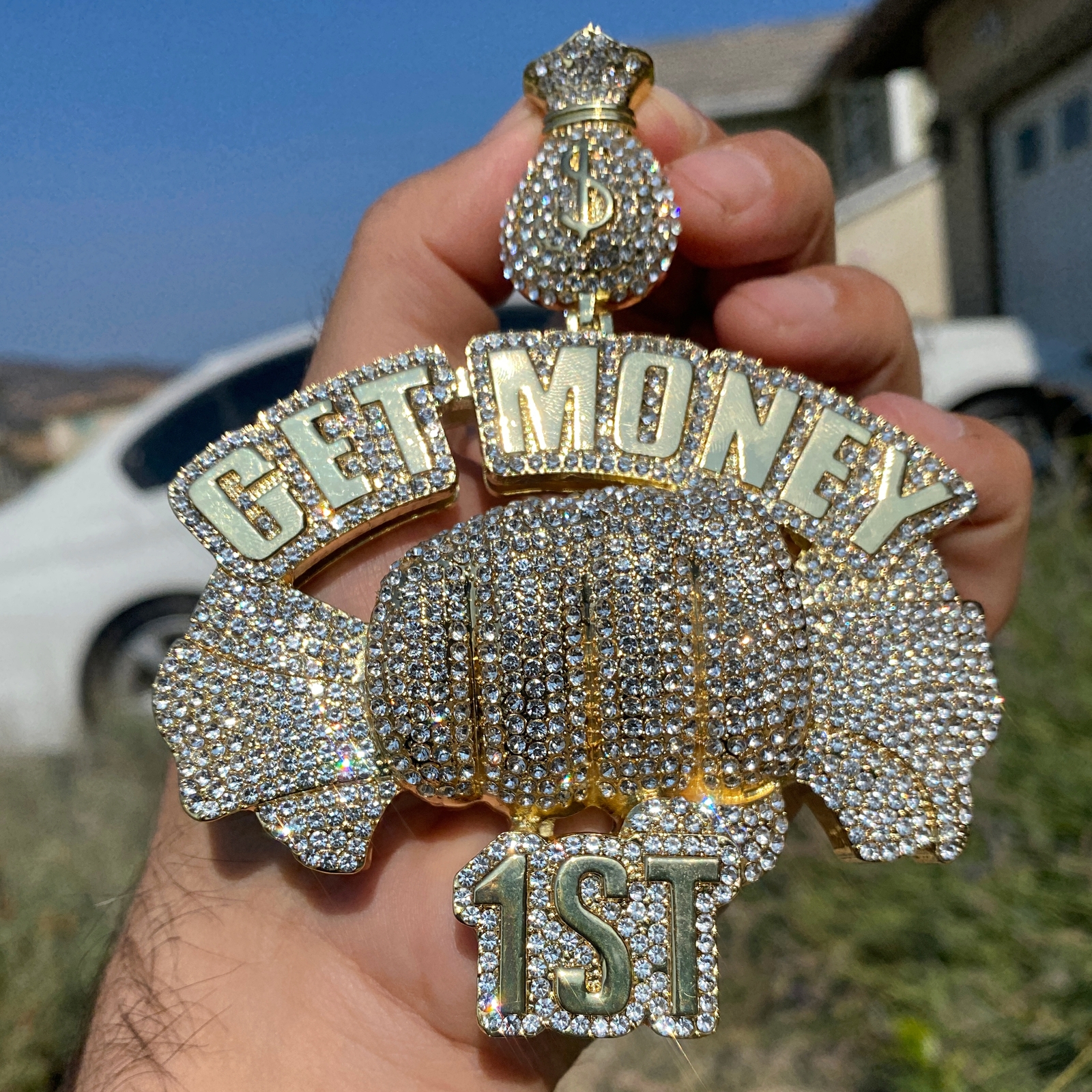 14K Gold Plated “Get Money 1st” Cash Fist Pendant Iced Bling Out Simulated CZ