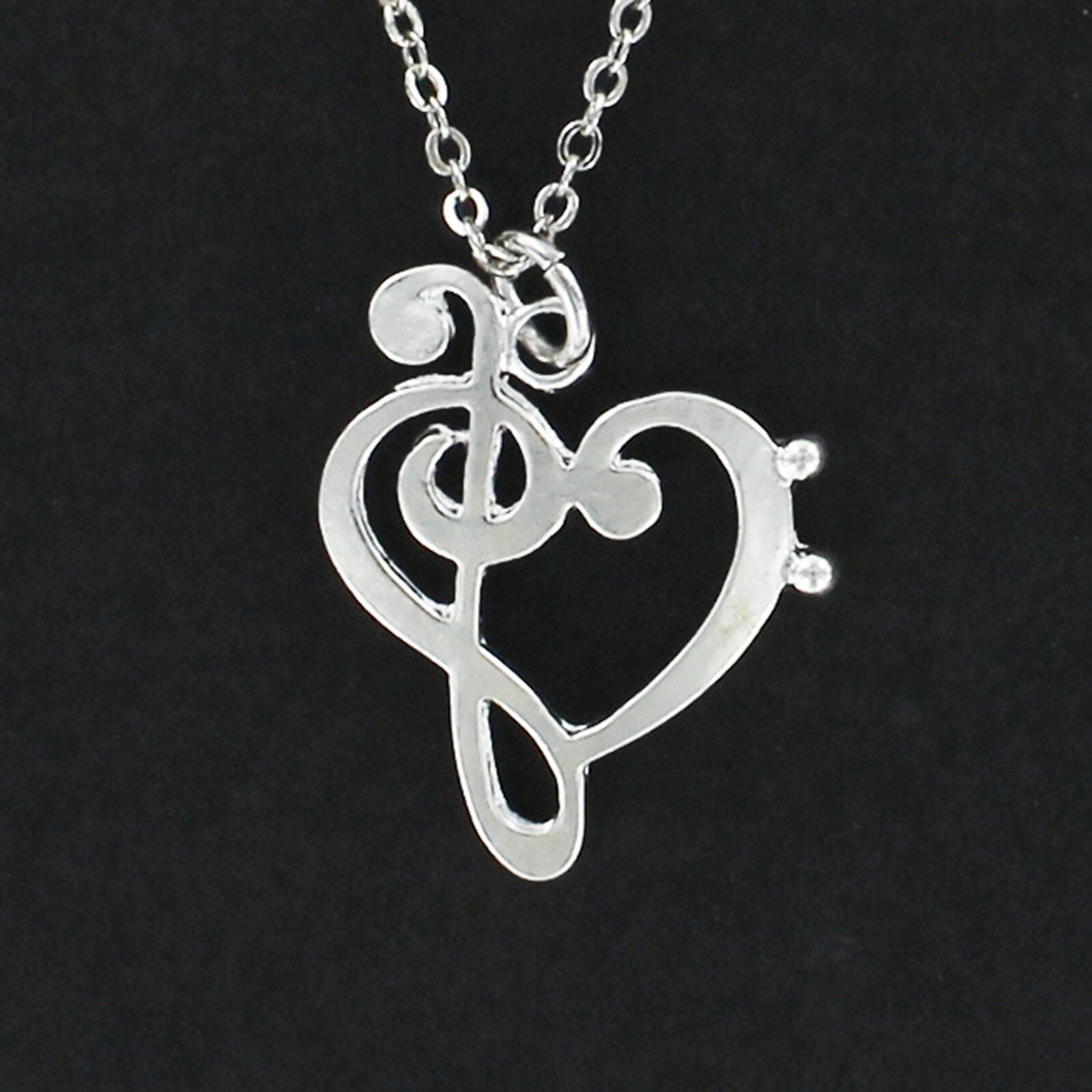 MUSIC CLEF HEART Necklace – Bass Treble Clefs Adjustable Chain Musician Gift