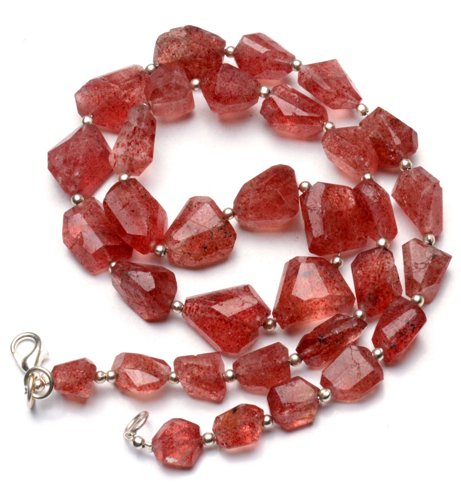 Natural Gem Strawberry Quartz 9 to 15 mm Nugget Beads Necklace 19″