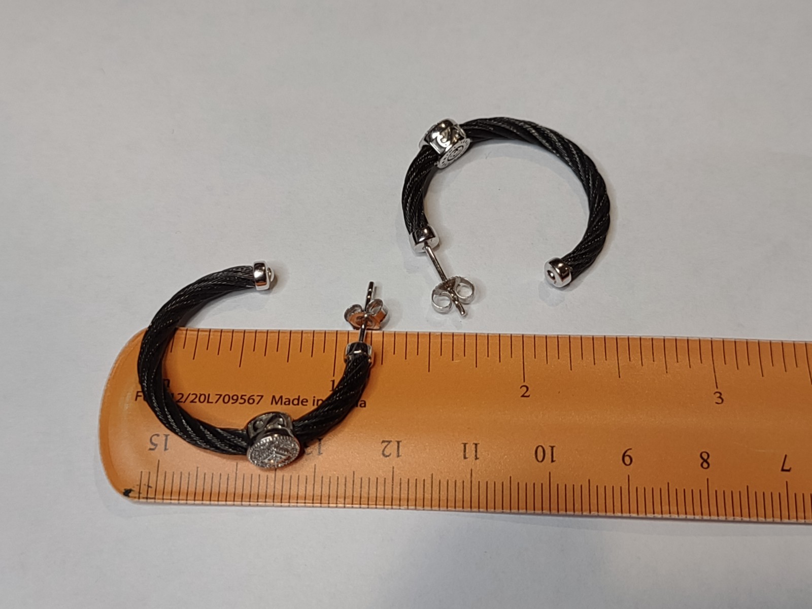 Charriol Black Steel Cable Hoop Earrings With 18Kt White Gold And Diamonds