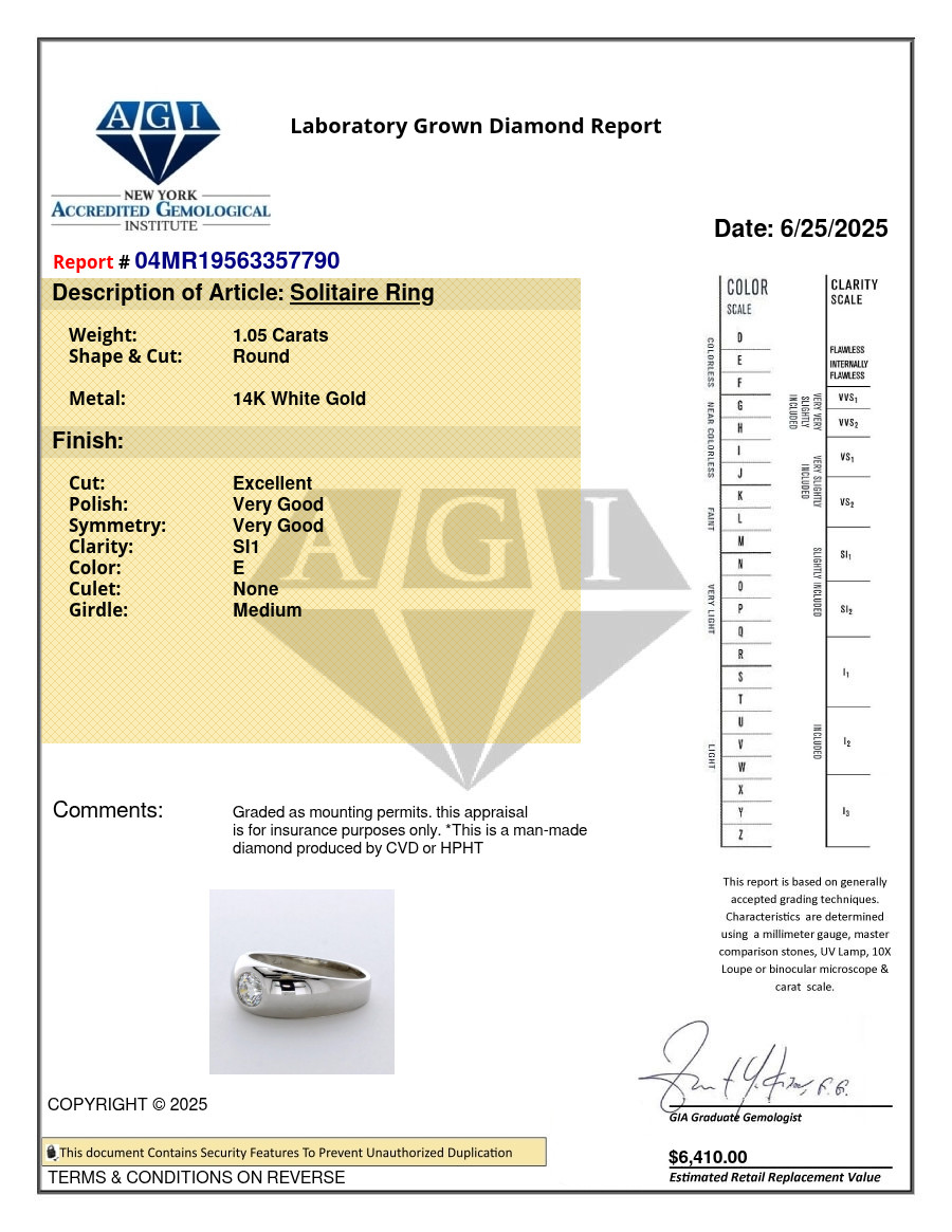 Solitaire Engagement Ring 14K Gold Classic 1.05 CT Round Lab-Grown Diamond E SI1