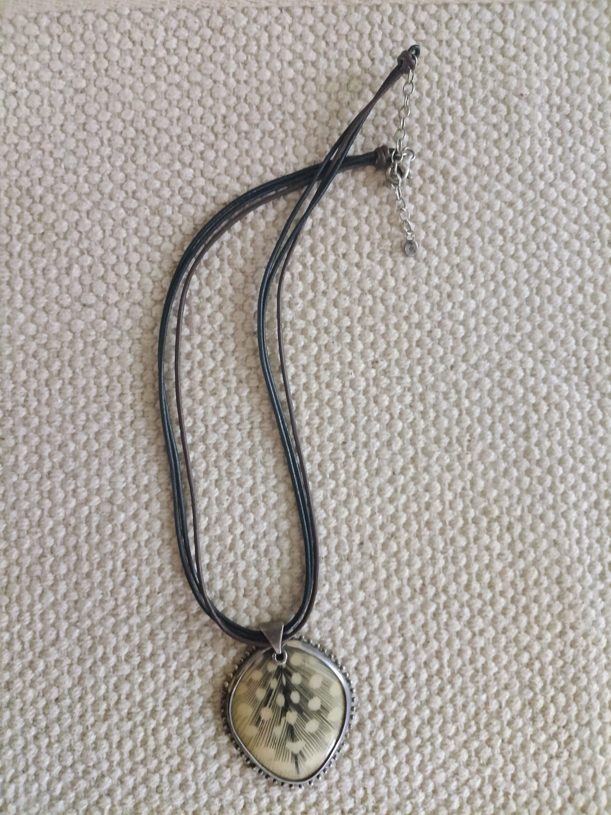 Black Leather Cord Necklace w/ Silver Plated Round Nature Charm, Adjustable