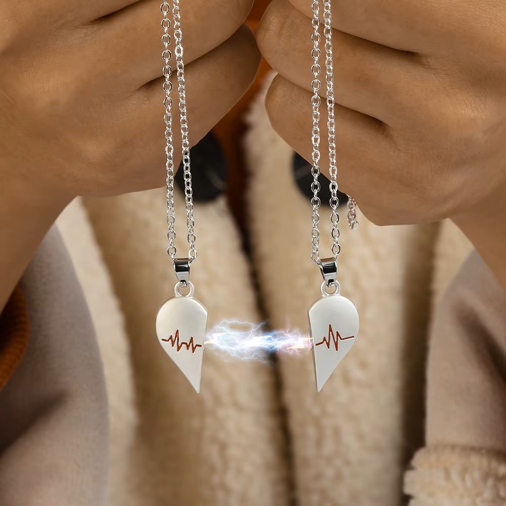 Silver Heartbeat Couple Love Necklace Matching, Friend, Wife, Girlfriend Gift
