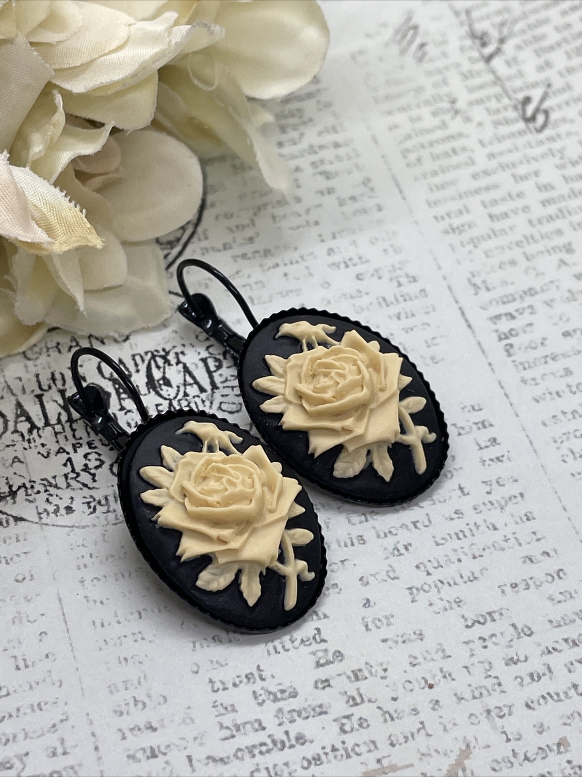Rose Victorian Gift Wedding Cream & Black Setting Enamel Earrings Cameo Birthday