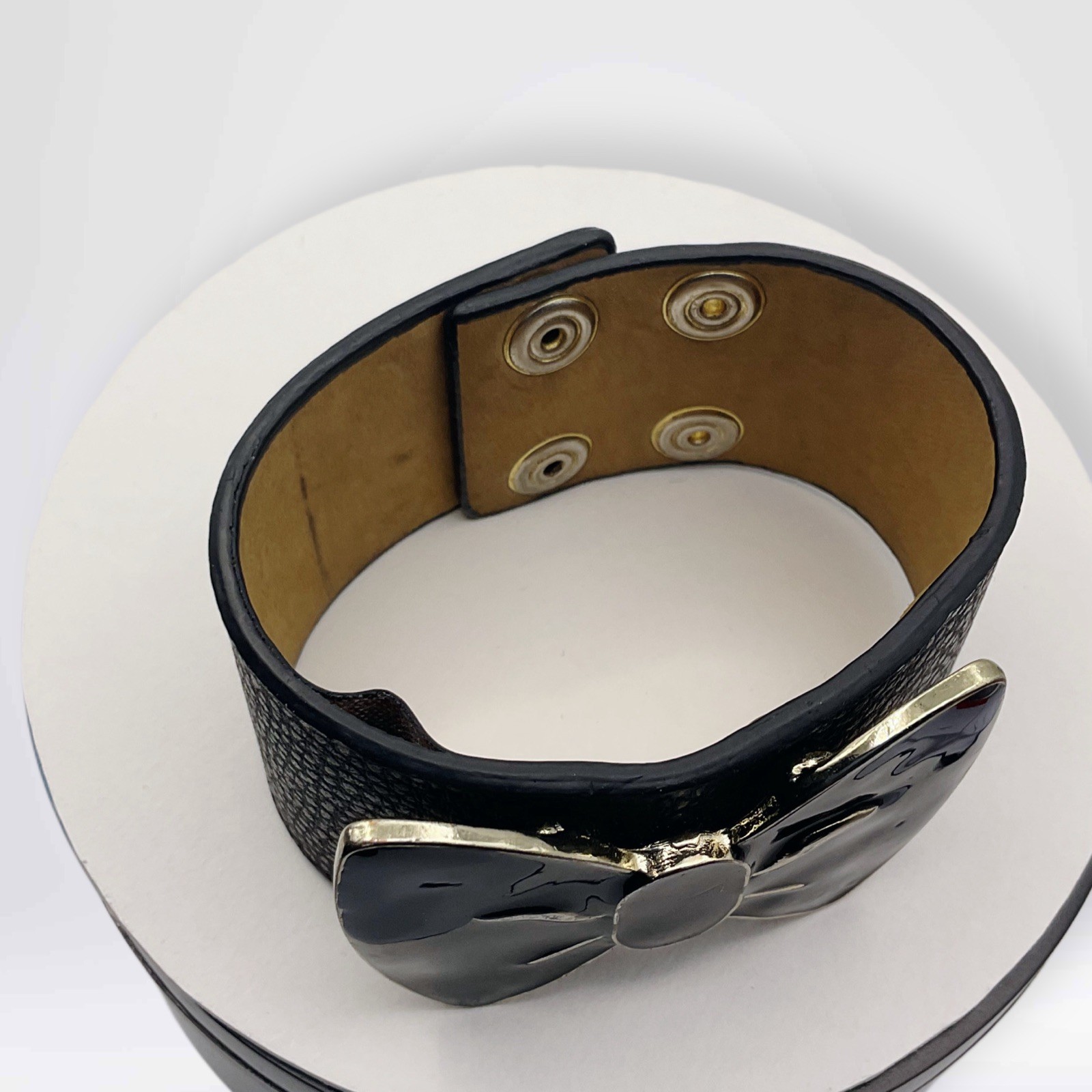 Vintage! Y2K Black Leather Cuff Bracelet Metal Enamel Black Bow, Adjustable