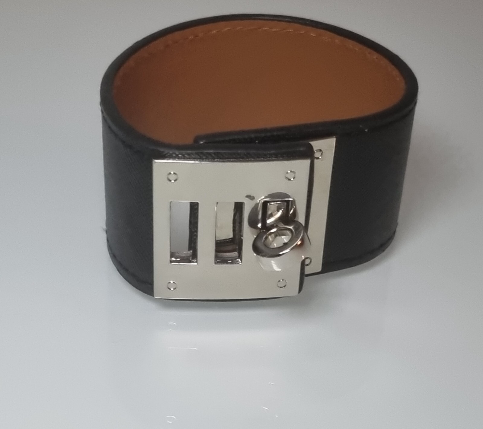 CHLOE COLLECTION BY LIV OLIVER Sliver Black Leather Wide Cuff Lock Bracelet
