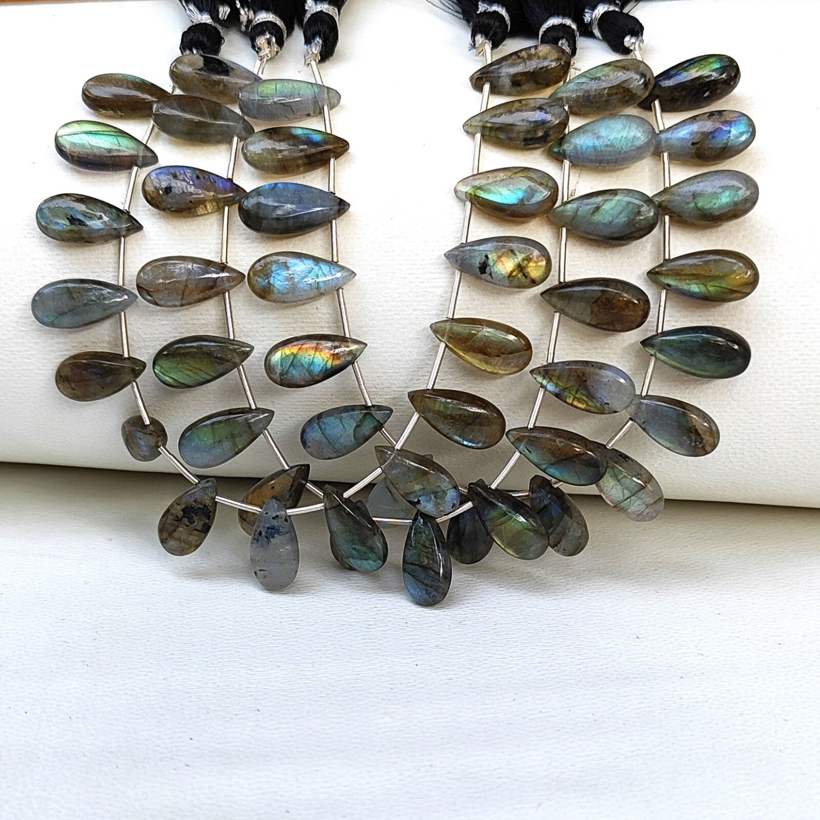 Natural Rainbow Fire Labradorite Gems 15×7 mm Size Smooth Pear Shape Beads 6.5″