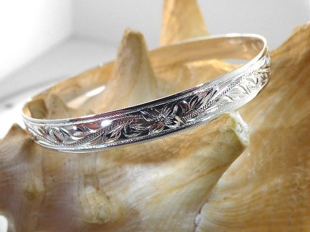 8MM BM 925 STERLING SILVER HAWAIIAN HERITAGE SCROLLS WITH PLUMERIA BANGLE #1