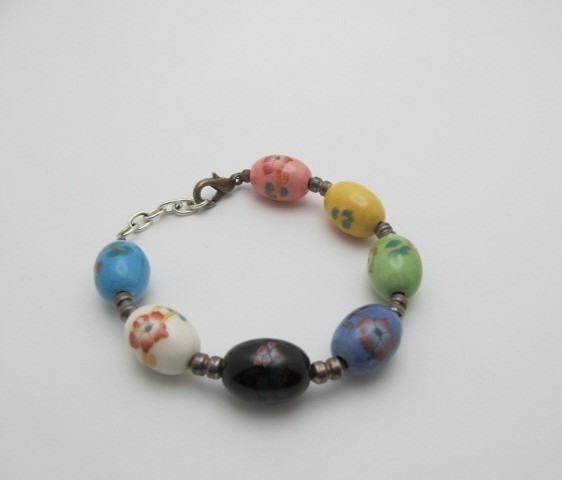 Vintage Painted Flower Ceramic Multi Color Egg 13.25mm Silver Tone Link Bracelet