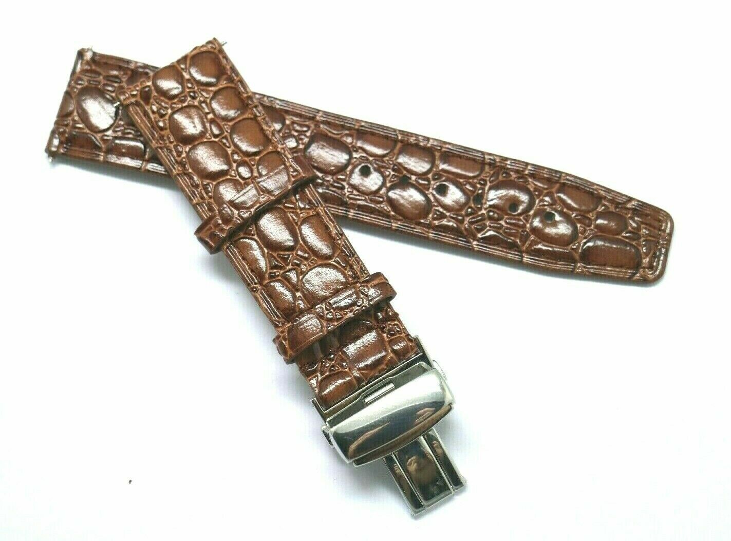 22mm Brown Thin Croco Embossed Leather Watch Band Stainless Butterfly Clasp