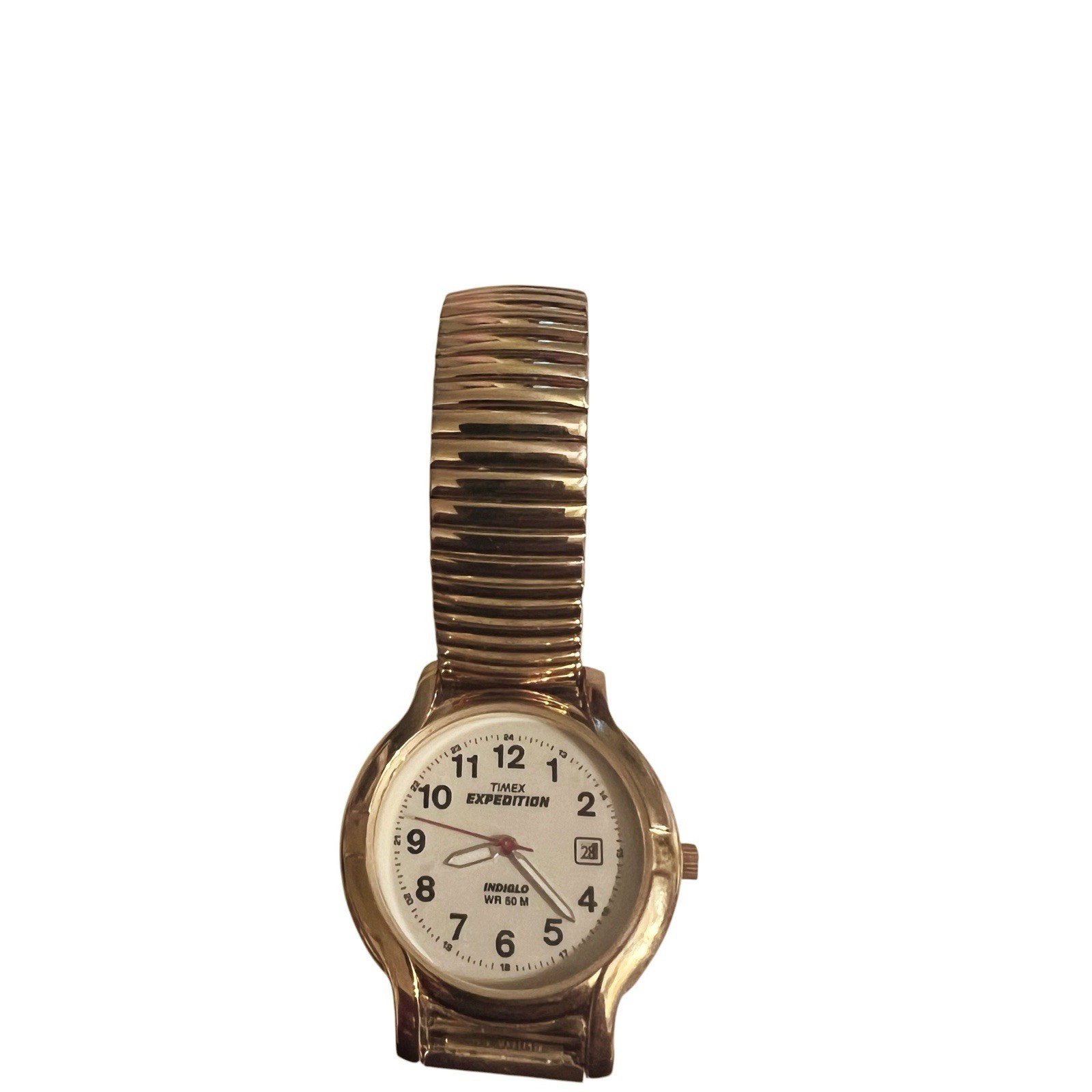 Timex Expedition Indiglo WR50M Gold Stretch Watch Mens Size 8 needs battery