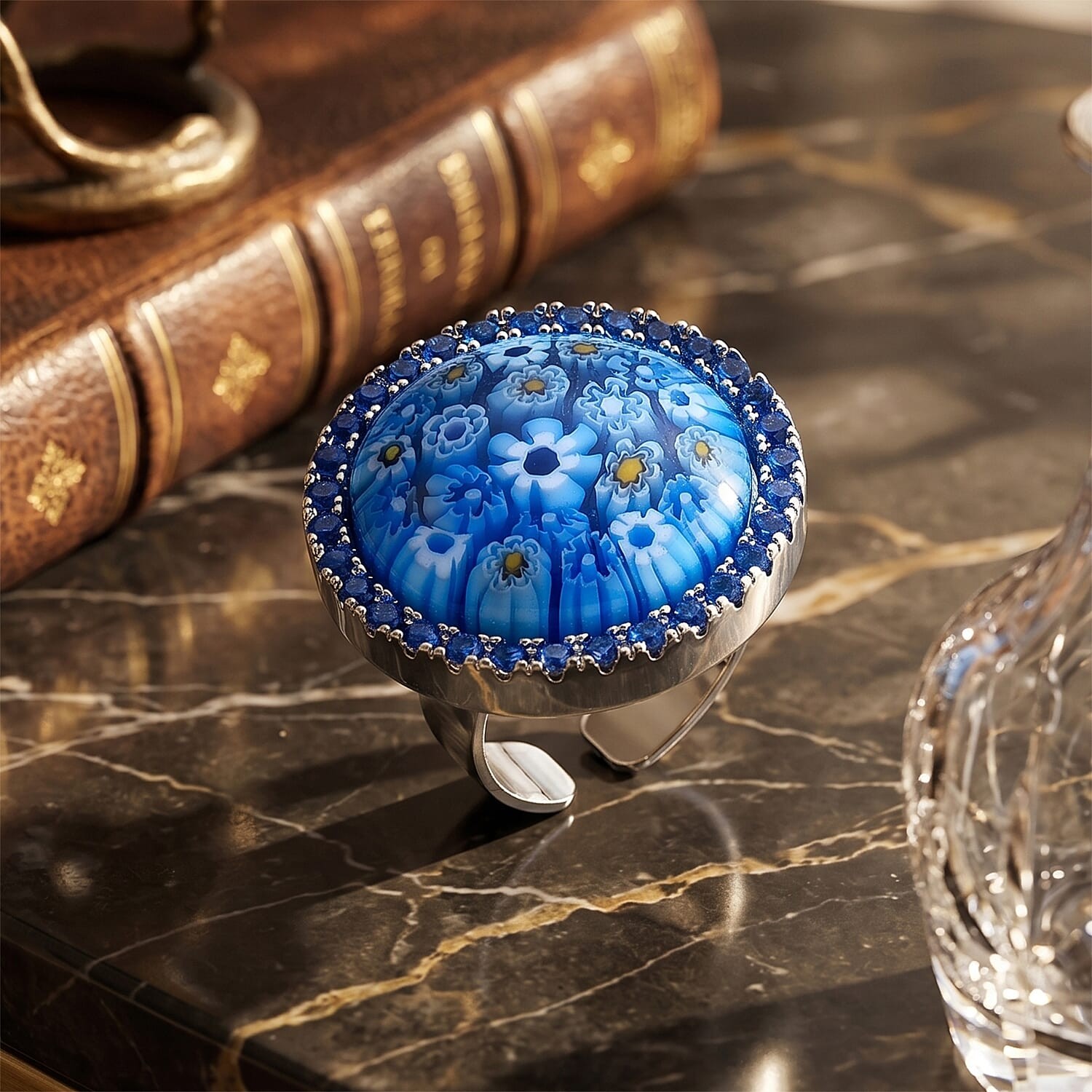 Blue Murano Style Blue Cubic Zirconia Ring ION Plated Yellow Gold 6.00-10.00