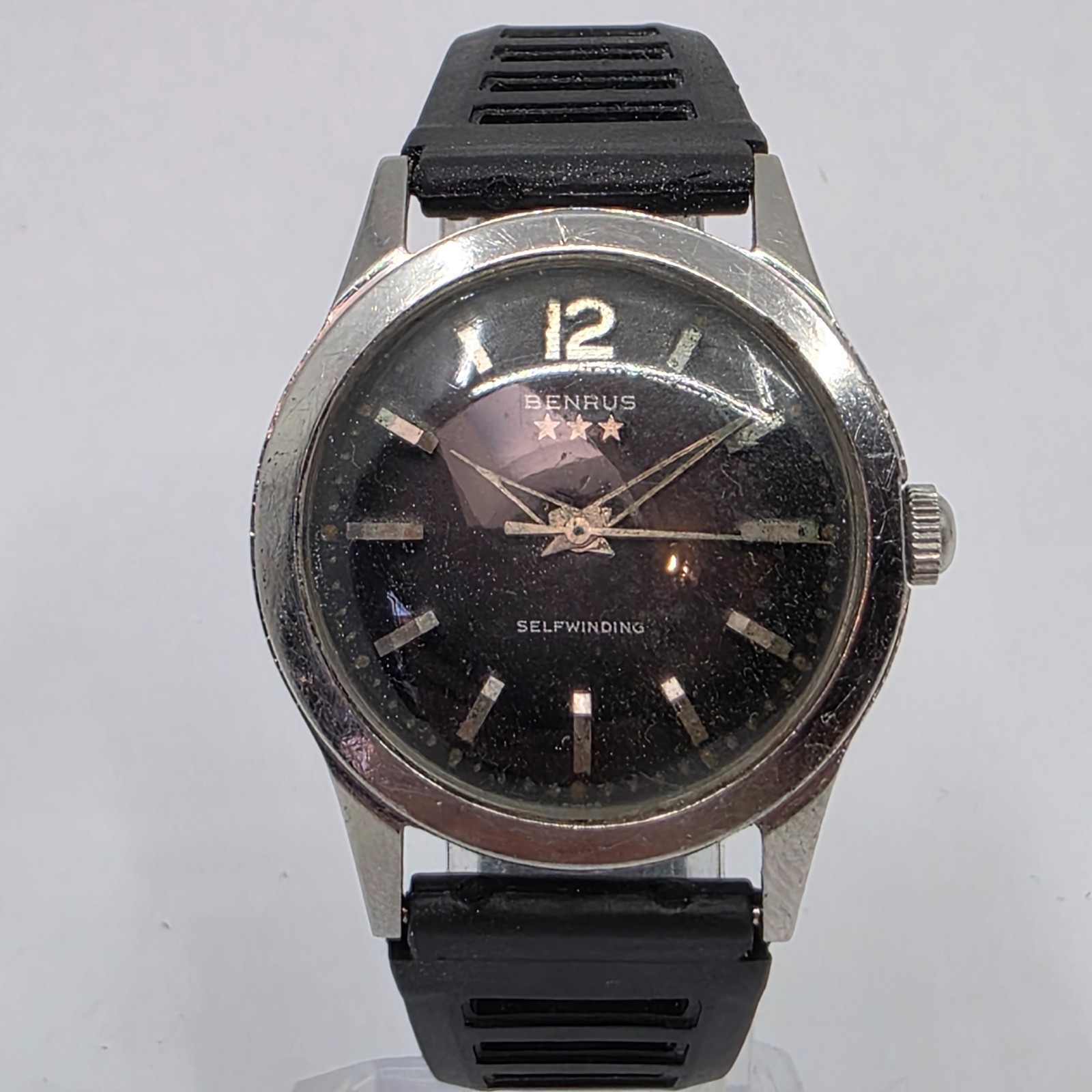 Benrus 3 Star 7155 Self Winding Black Dial Steel Watch