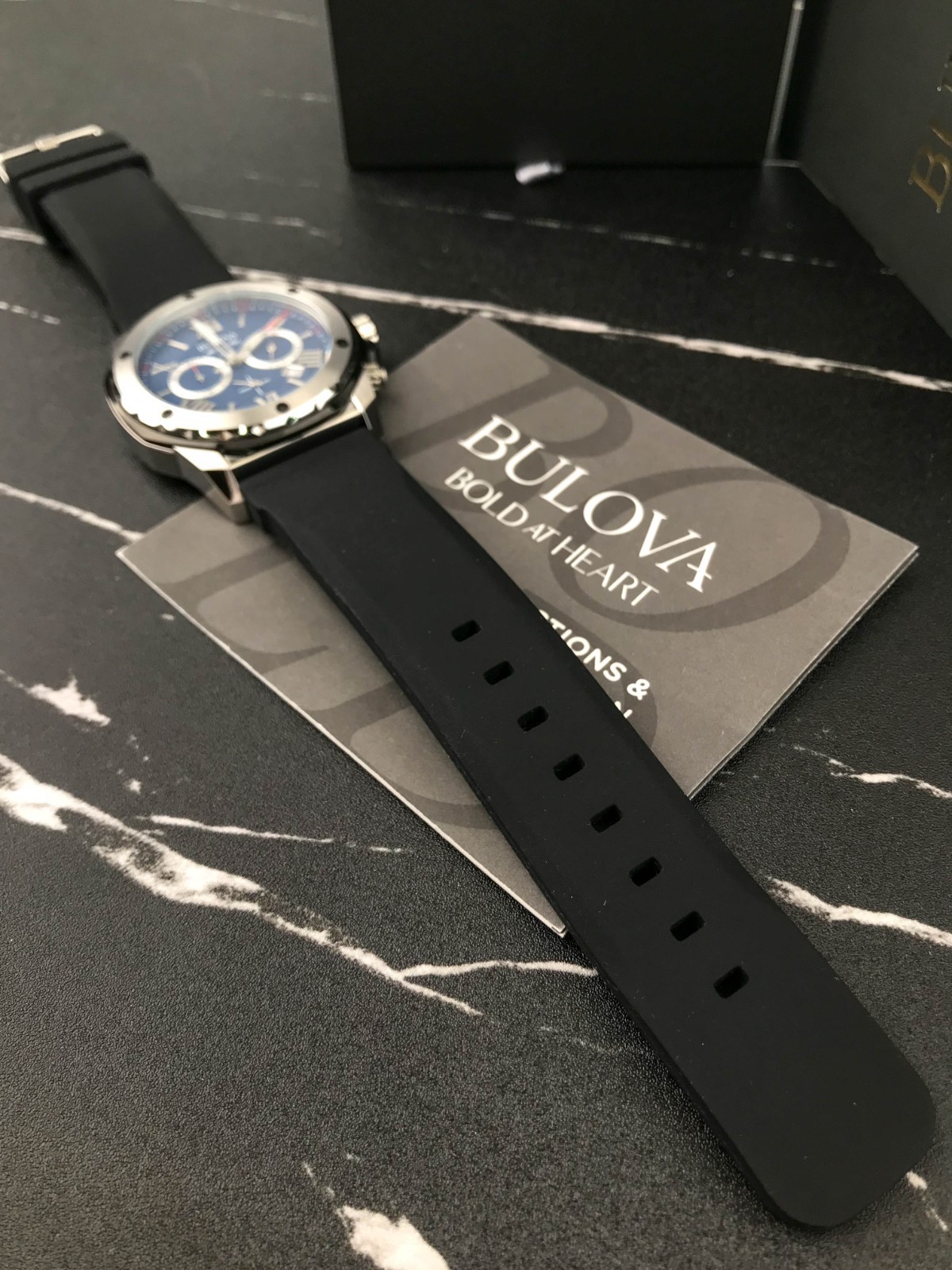 Bulova Marine Star 98B258 Blue Dial Black Silicone Strap Watch for Men 44mm