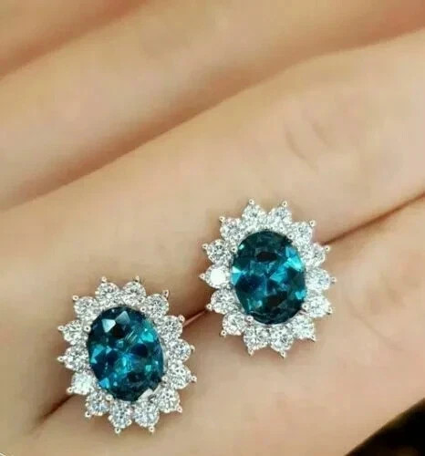 2.30Ct Oval Cut London Blue Topaz Halo Women’s Stud Earrings 14k White Gold Over