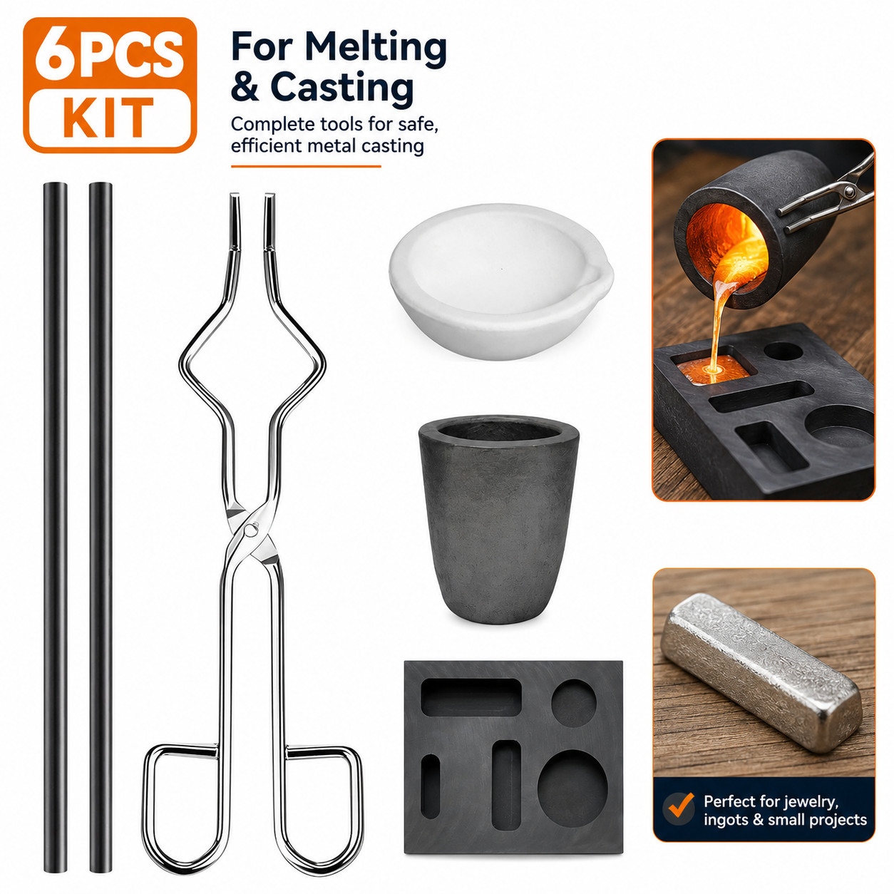 6Pack Metal Melting Casting Kit Graphite Ingot Mold Gold Silver Copper Refining