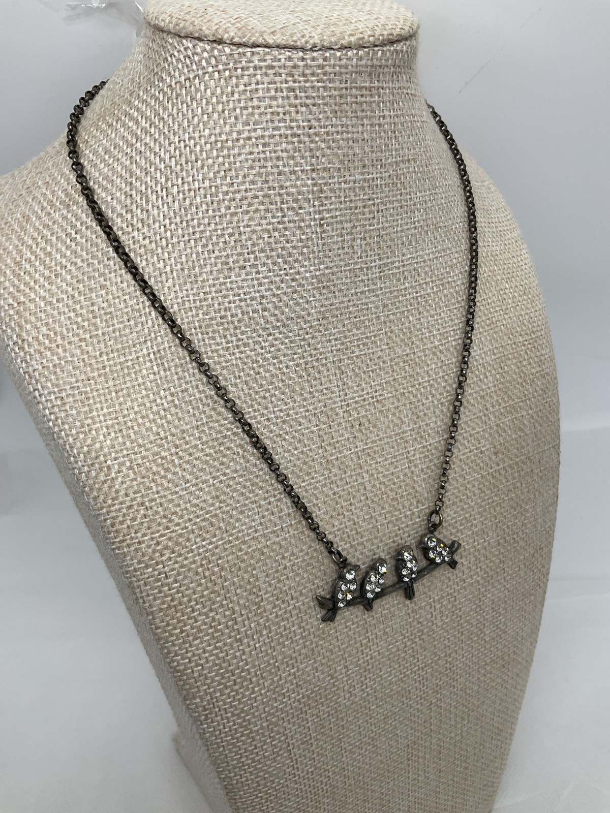 Catherine Popesco France Birds on a Branch Necklace Silver Tone Rhinestone 17″