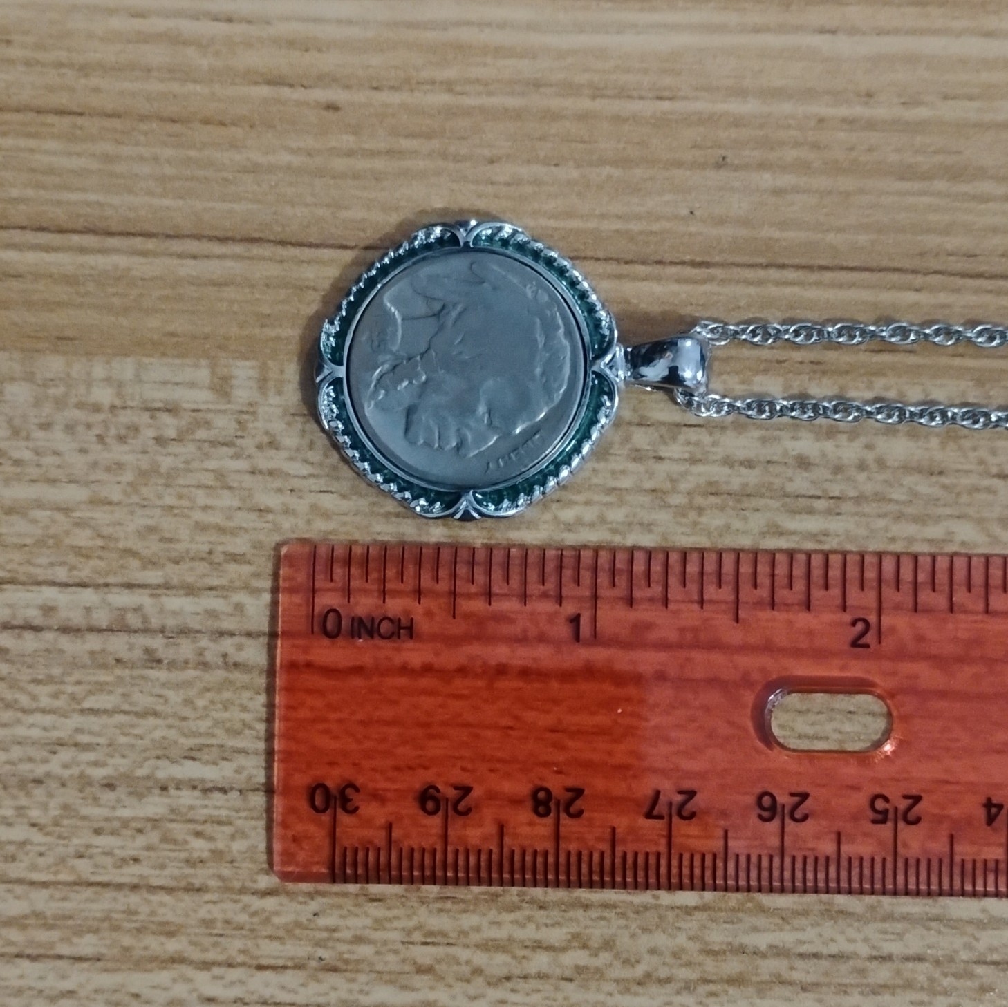 Silver Metal Coin Pendant Buffalo nickel head Necklace 24in Rope Chain Clasp