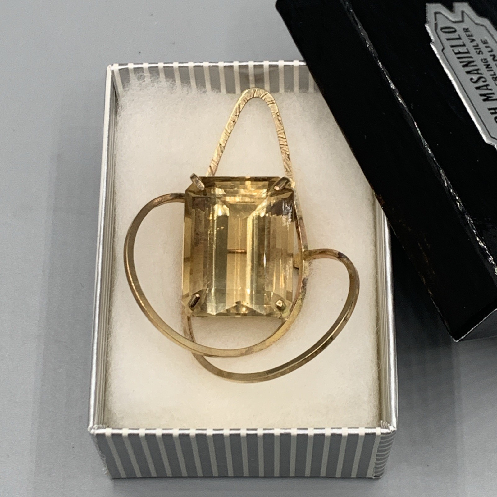 Vtg Handcrafted JM 14k And Emerald Cut Citrine Pendant/Pin. 2”H, 1.5”W, 15g
