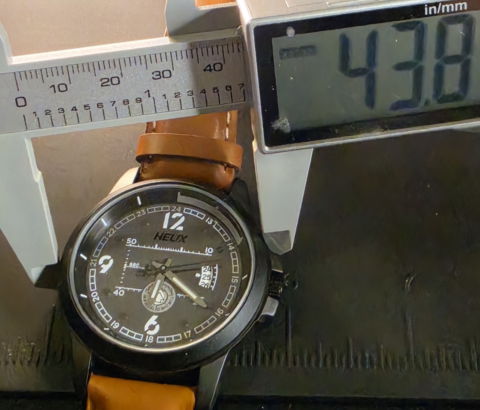 Helix Men’s Quartz By Timex Analog Date 30m Black Dial Black Case Leather Band.