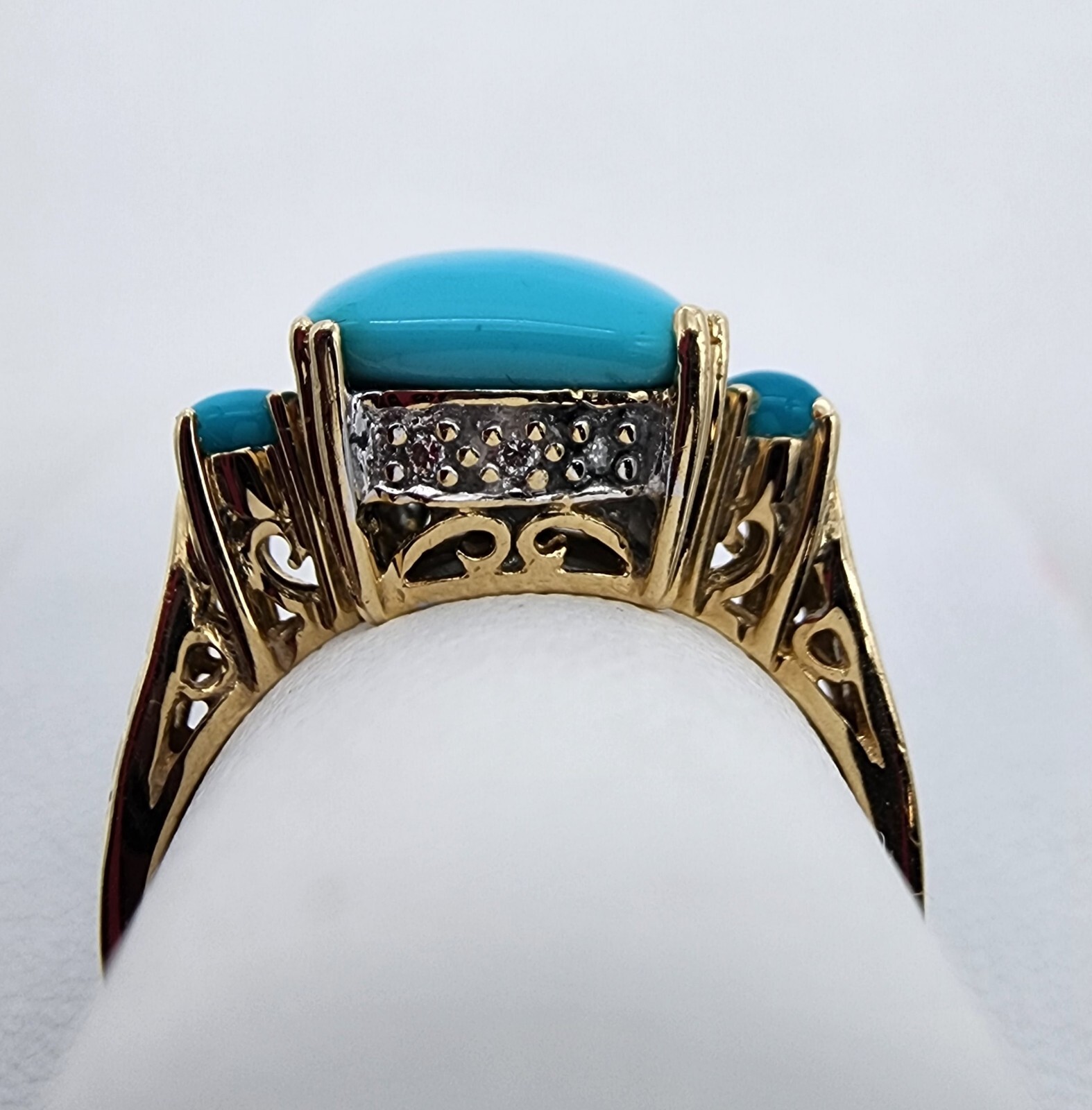 14k .585 Yellow Gold Effy Cushion Turquoise .06 ctw Diamond Sz 7 Ring Au 23231