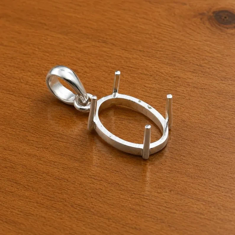 925 Sterling Silver 10x12mm Oval Prong Pendant Setting Handmade DIY Jewelry