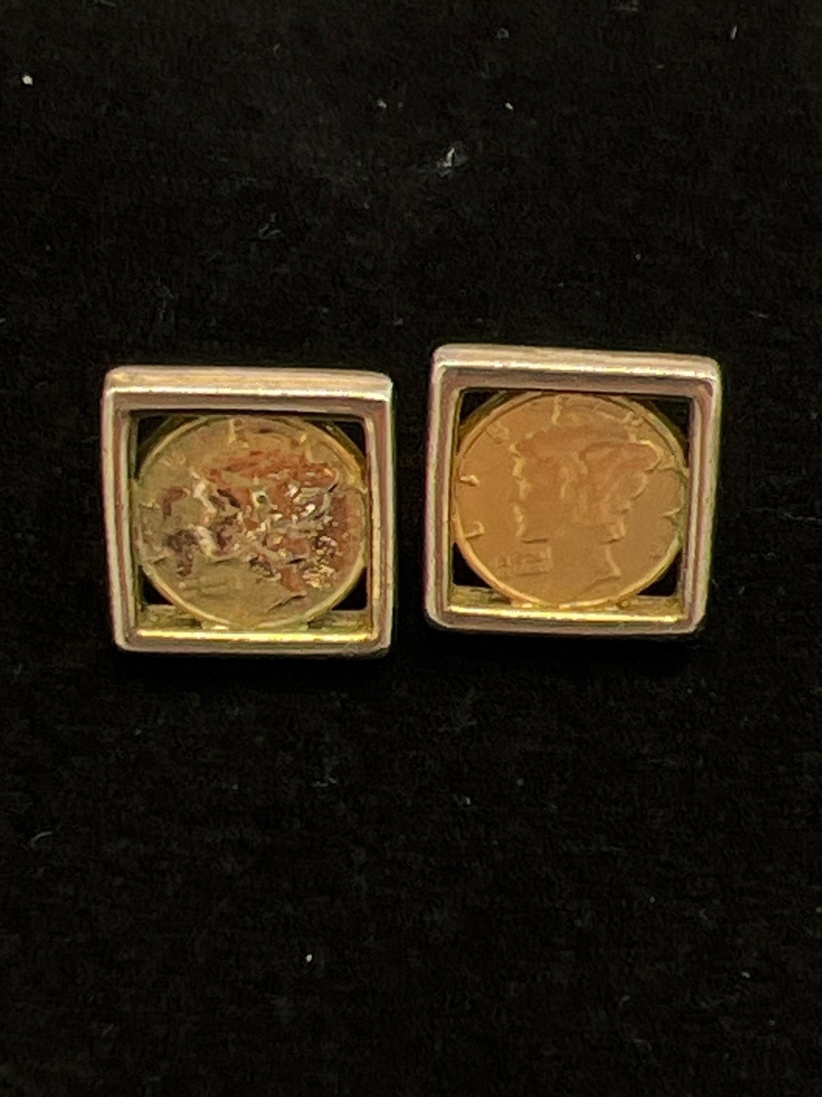 Vintage Mercury Dime Square Bezel Stud Earrings In Silver & Gold