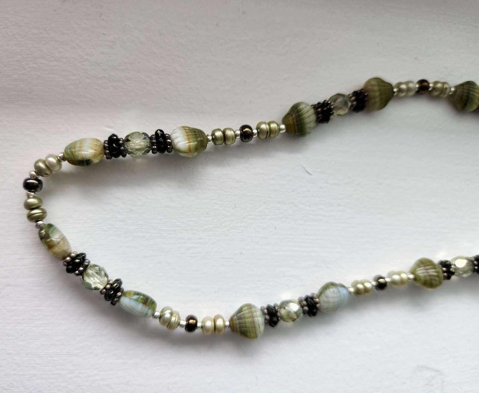 Handmade Beaded Necklace with Czech Scallop Beads and Multicolor Accents 22 Inch