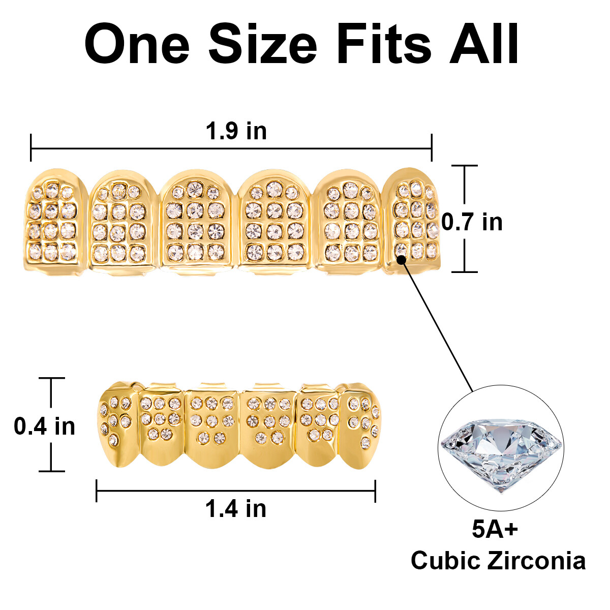 18K Gold/Silver/Black Plated Hip Hop Teeth Grillz Top Bottom Mouth Diamond Grill