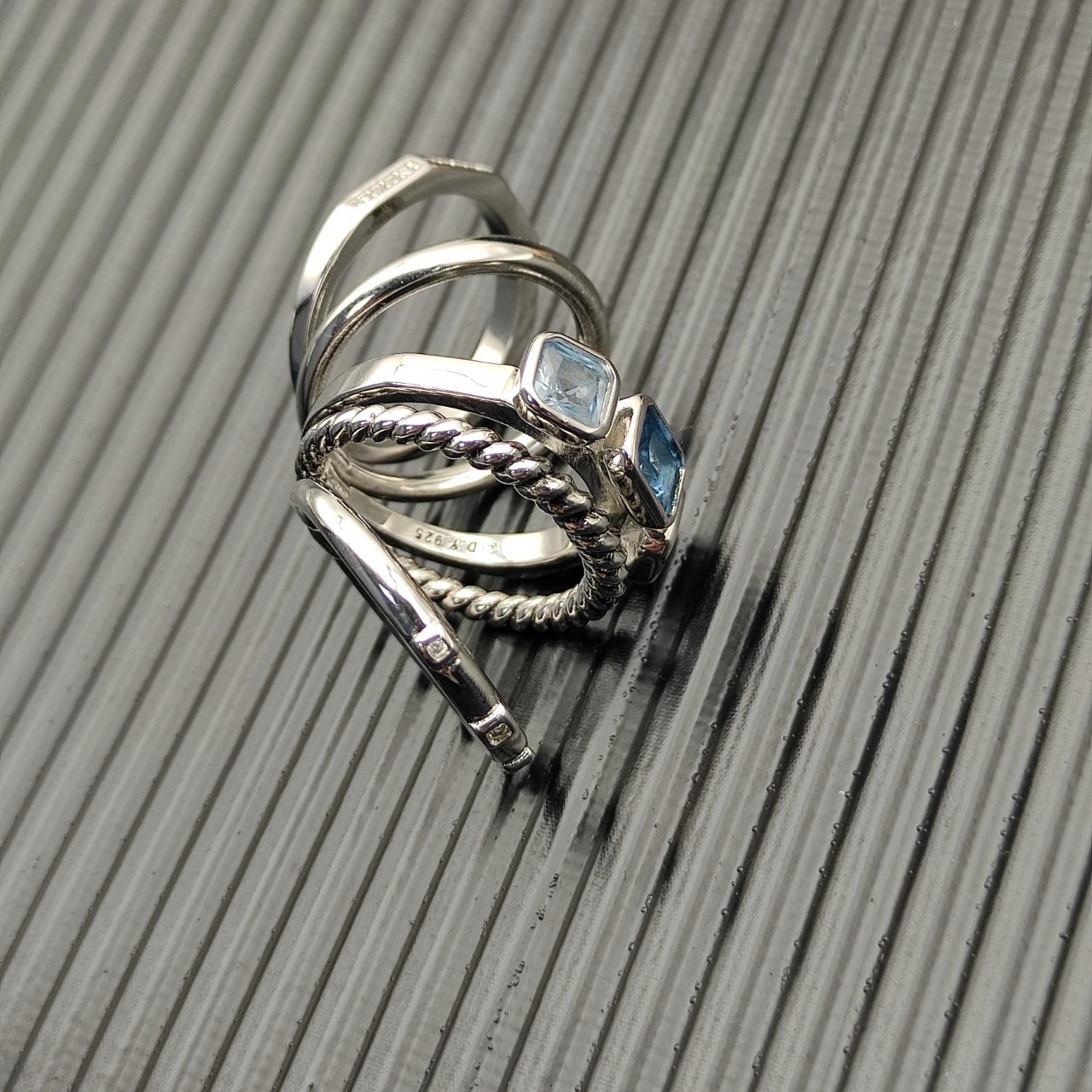 David Yurman 925 Silver Blue Topaz Diamond Multi Band Wrap Stack Ring sz 9
