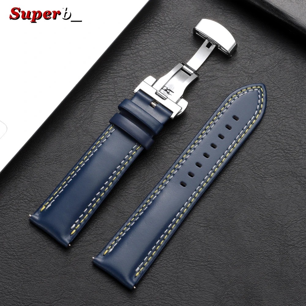 Genuine Calfskin Leather Watch Band 20mm 22mm 24mm Butterfly Buckle Strap