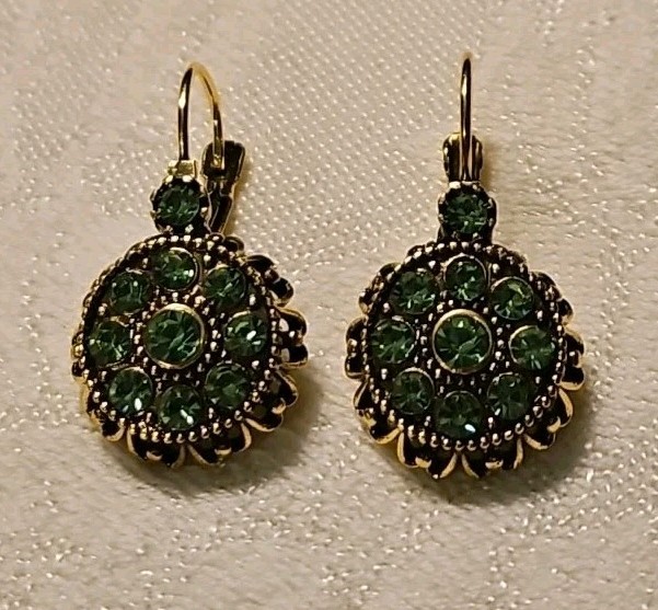 Vintage Inspired Golden Bohemian Style Drop Earrings with Green Colored Stones