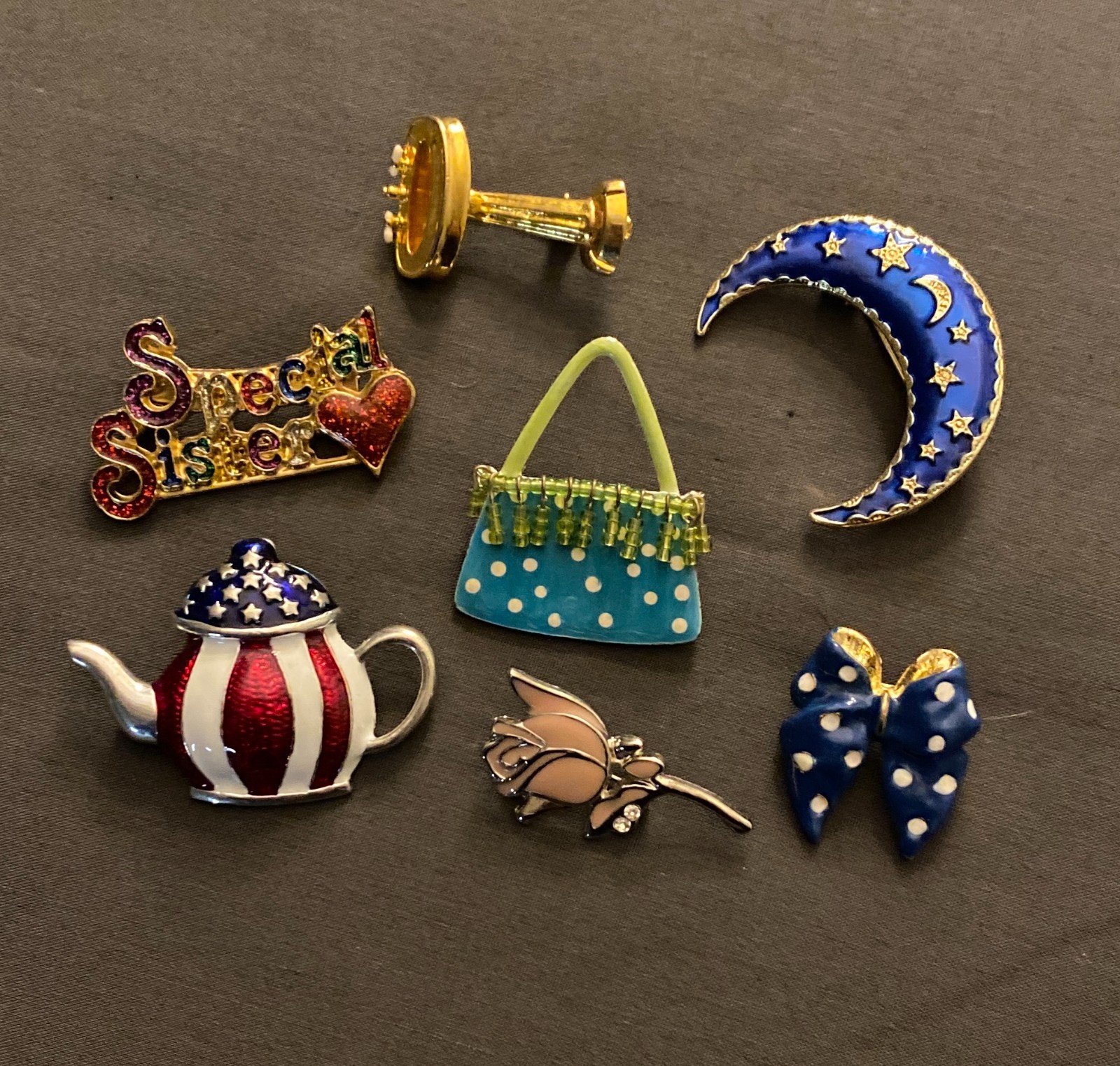 Whimsical Brooch Pin Collection – Lot Of 7~Purse~Moon~Teapot~Sink~Bow`Rose~Etc