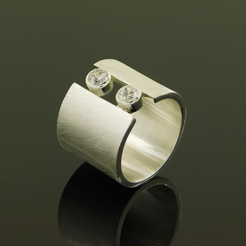 Crystal 925 Sterling Silver Wide Band& Statement Ring Handmade Ring All size