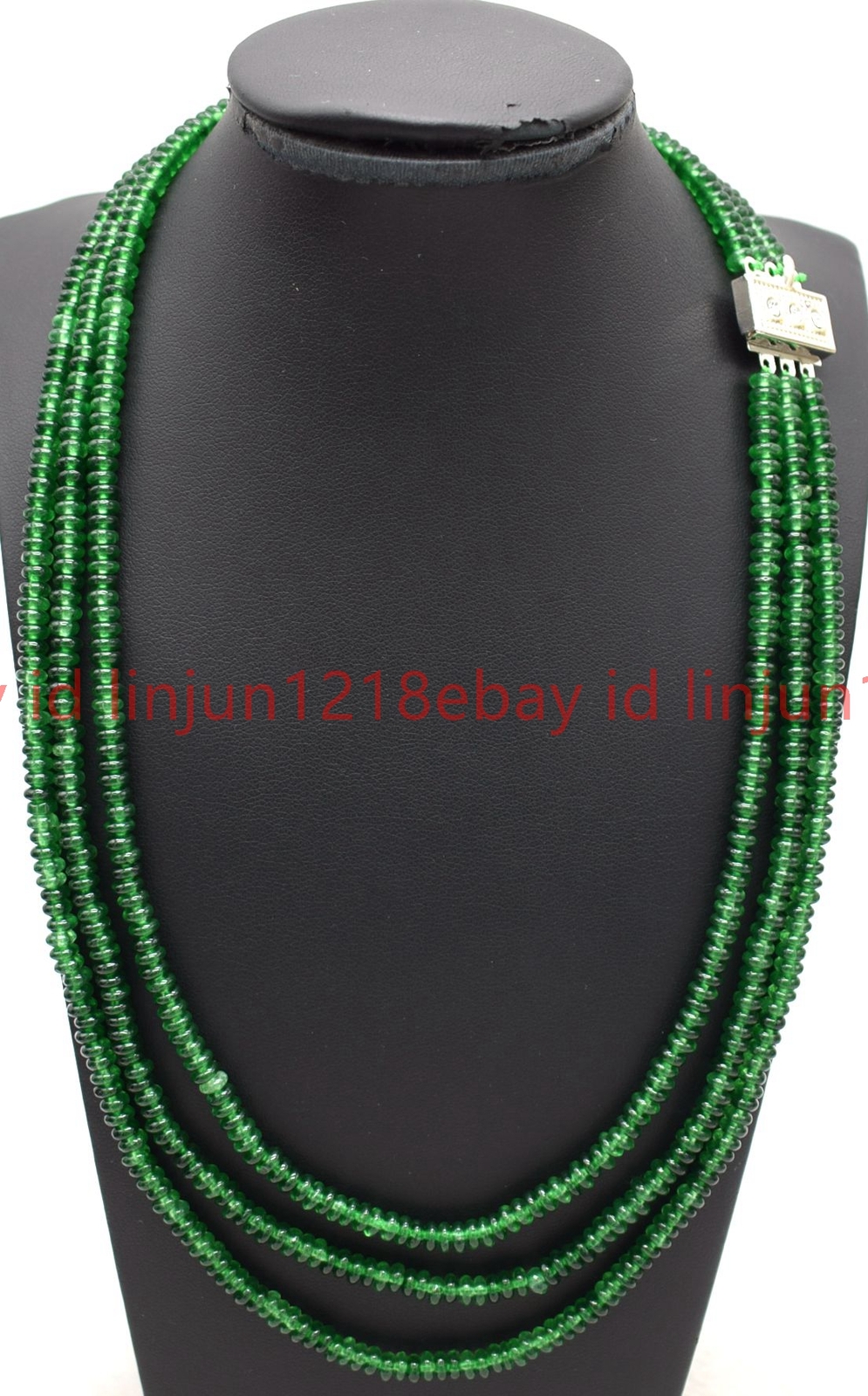 3 Row Natural 2x4mm Smooth Green Jade Rondelle Gemstone Beaded Necklace 17-19in