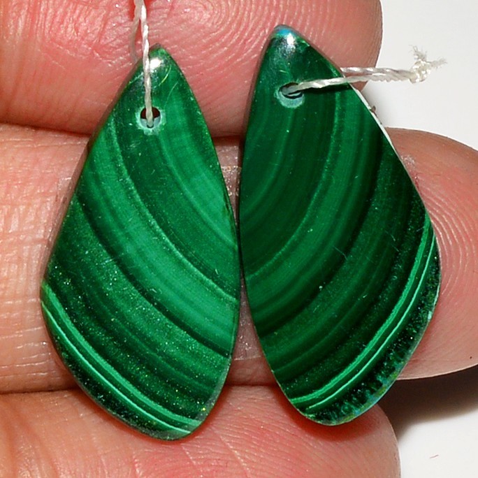 25Cts Natural Malachite Gemstone Cabochon Front Drill Earrings 21x9mm #P3000