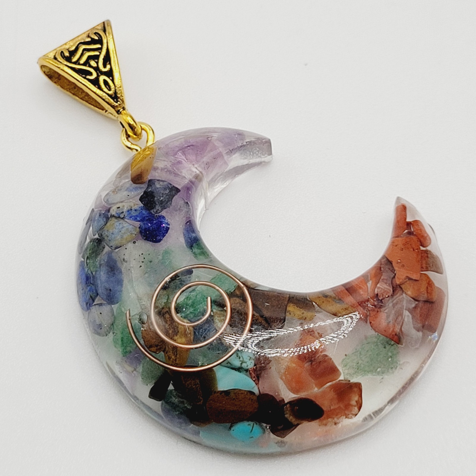 Crescent Moon Shape Orgone Chakra Crystal Chip Pendant Ornate Bail No Chain
