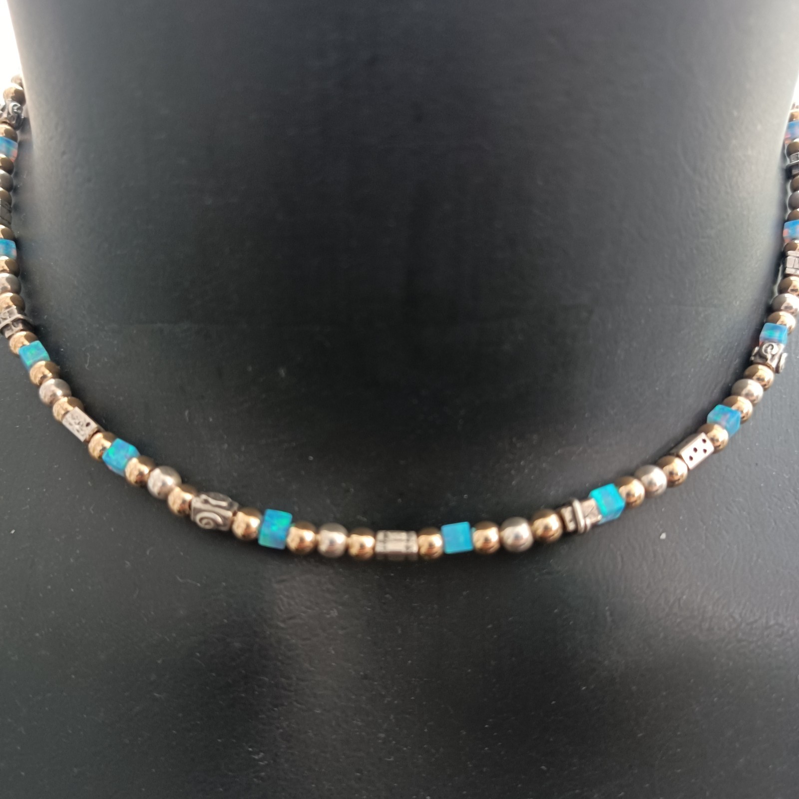 Israeli Modernist Necklace Sterling Silver Gold Filled Artisan Chic Blue Stone