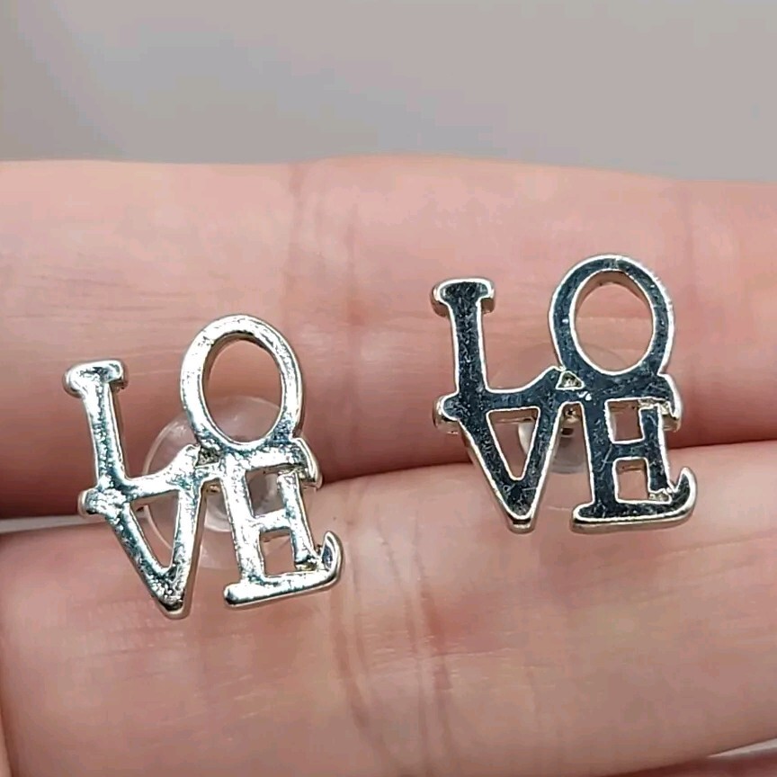 Retro Word LOVE Silver Tone Stud Earrings