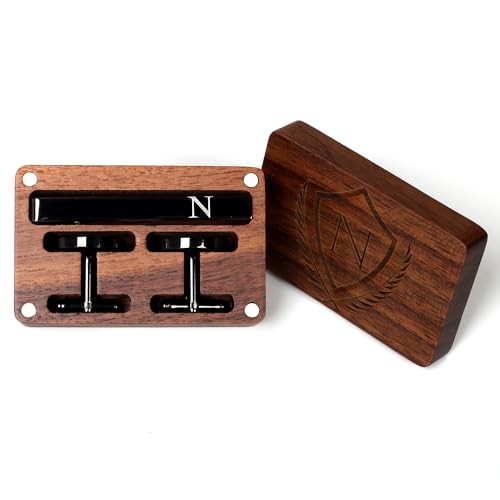 Mens Initial Cufflinks and Tie Clip A-Z Alphabet Letter Black Classic-N