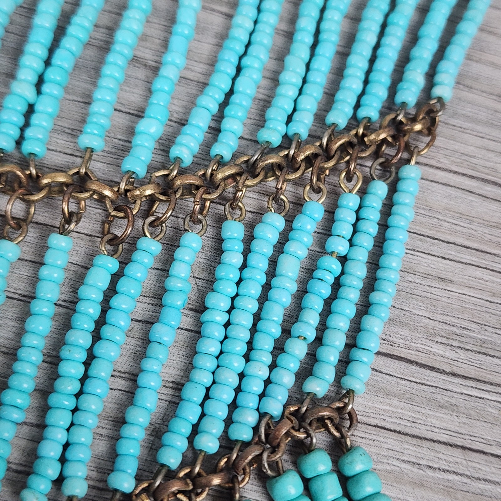 Vintage Turquoise Seed Bead Fringe Bib Necklace Leaves Charms Boho Tribal