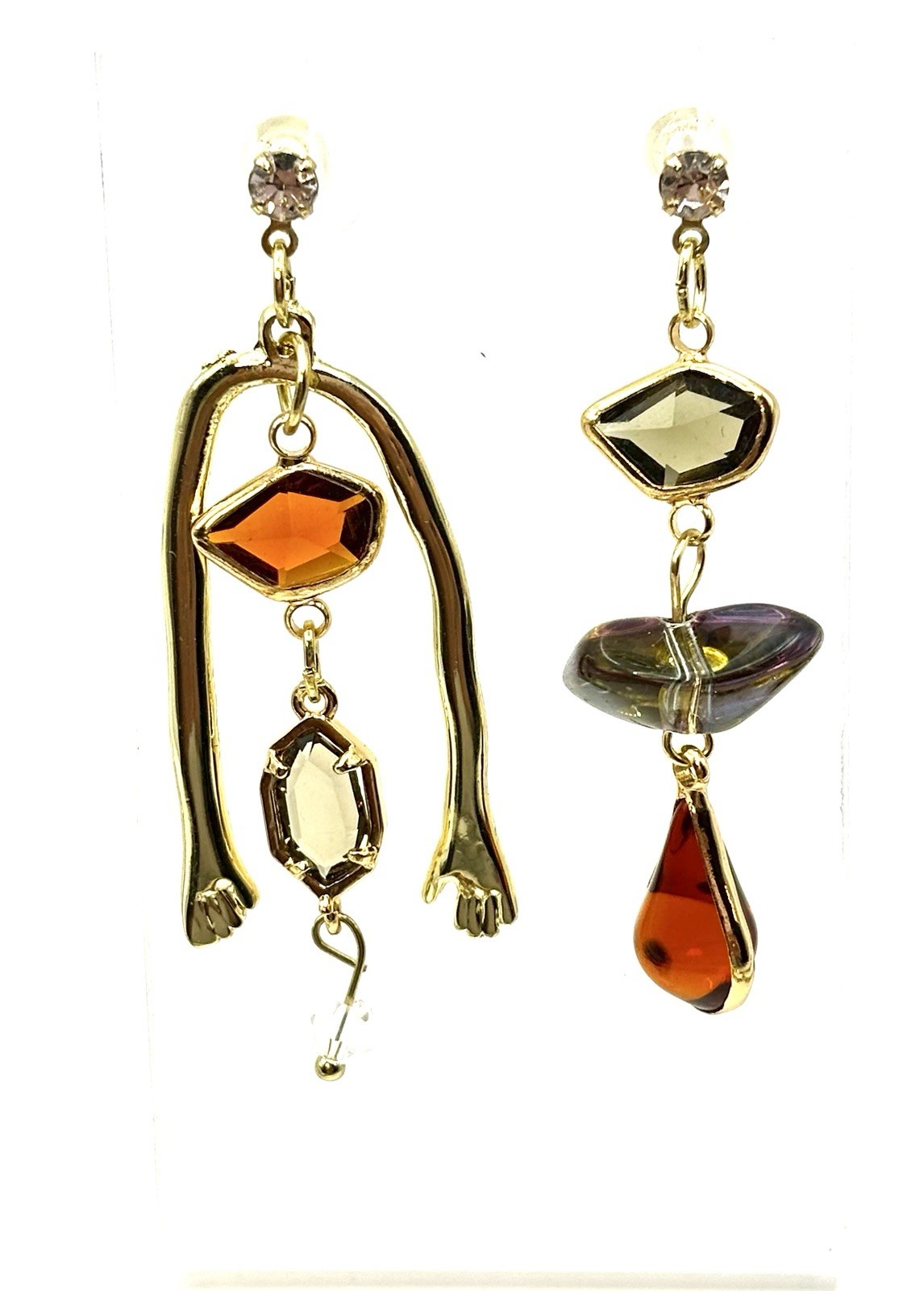 Artisan Dyed MOP & Crystal Long Necklace Asymmetrical Drop Earrings Set