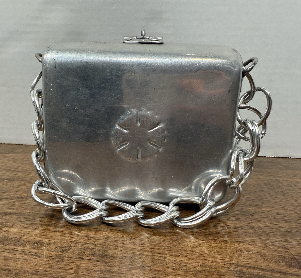 Silver Aluminum Rectangular Jewelry Box, Hinged Lined Interior, Chain Handle