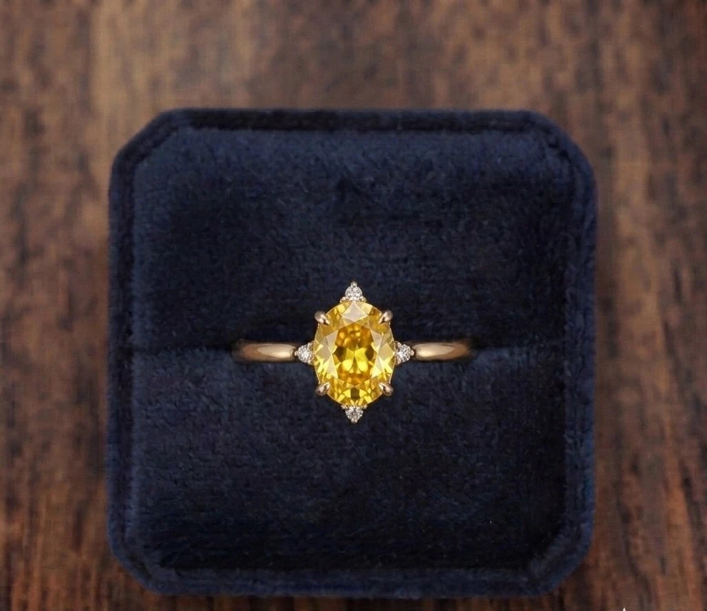 3.04 Ct Oval Cut Natural Sapphire Diamond Proposal Ring 14K Solid Yellow Gold