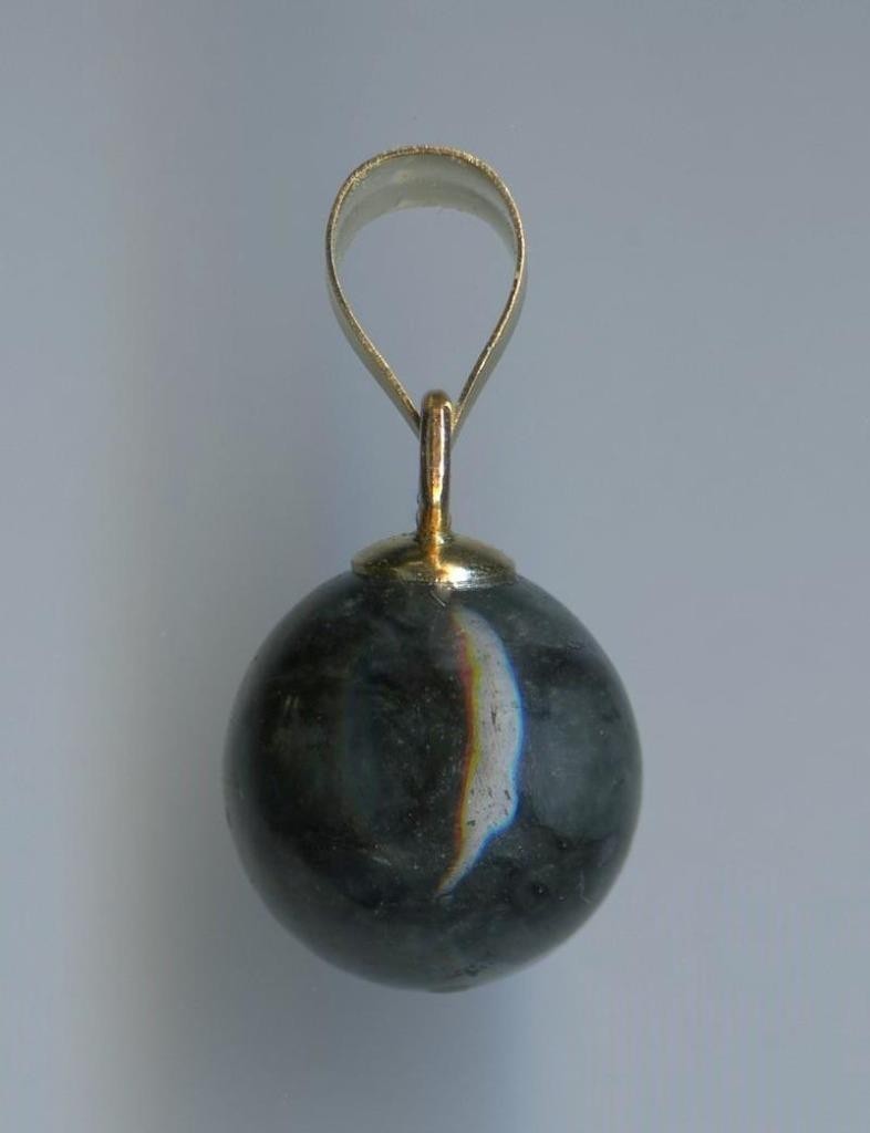 14K 1.1 Gram Solid Yellow Gold 8mm Round Bead Dark Gray Black Quartz Pendant -MN