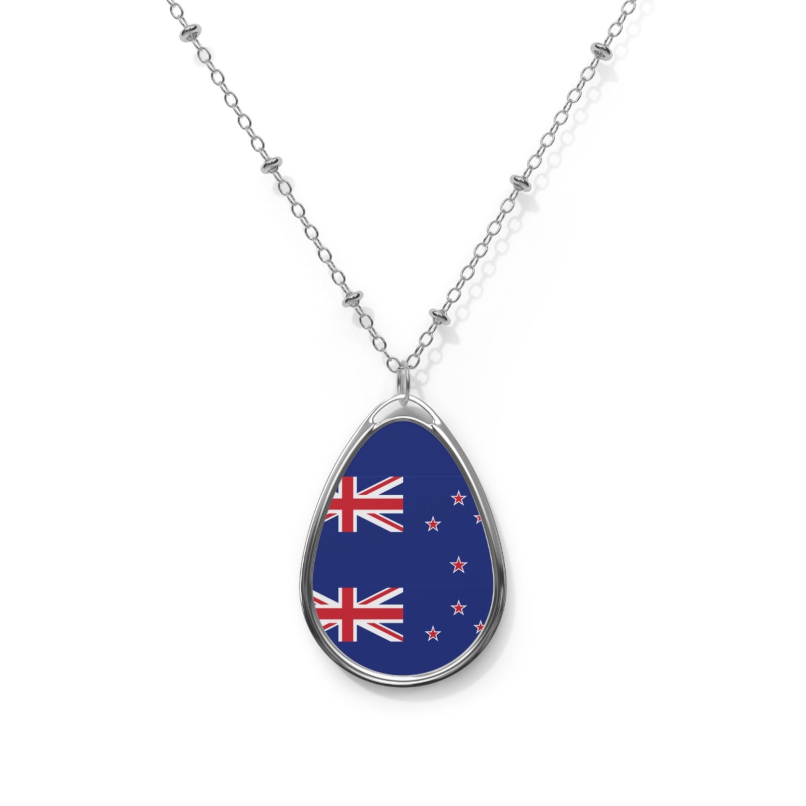 New Zealand Flag Necklace – Oval Kiwi Heritage Pendant – One Size / Silver