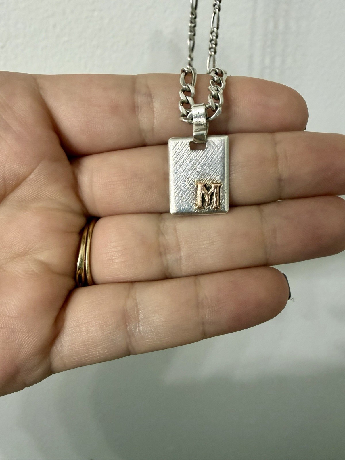 Silver Figaro Chain Necklace Letter M Rectangle Charm Pendant Lobster Clasp
