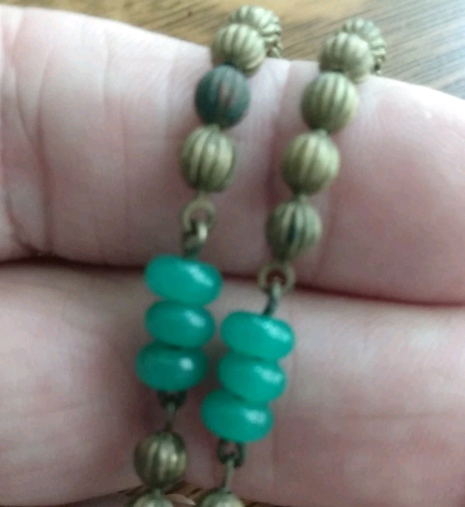 Antique Sink Chain Style Brass Ball Necklace 38” Long With Green Czech Glass
