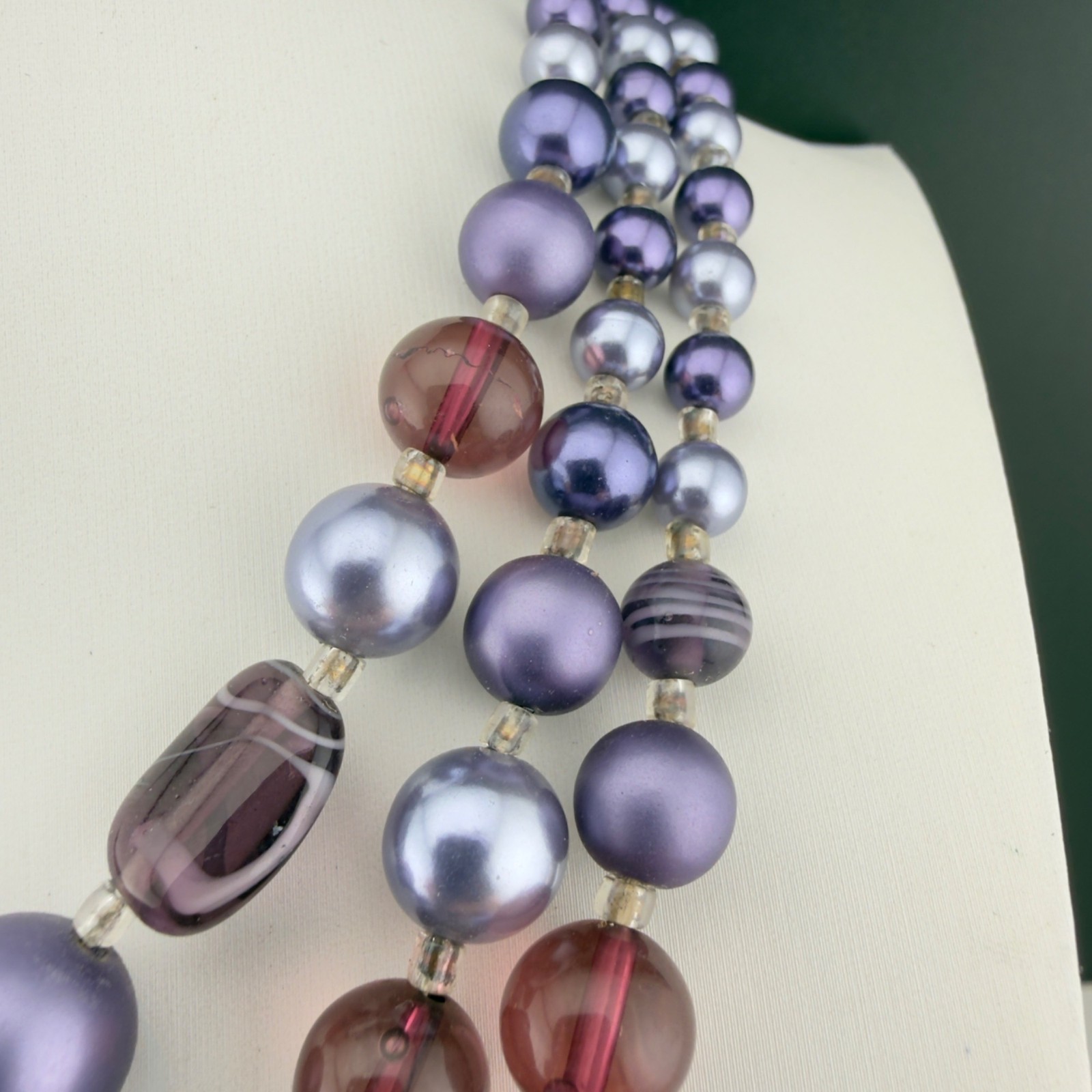 Vintage Purple Beaded Multi Strand Necklace Clip-On Earrings Set Japan