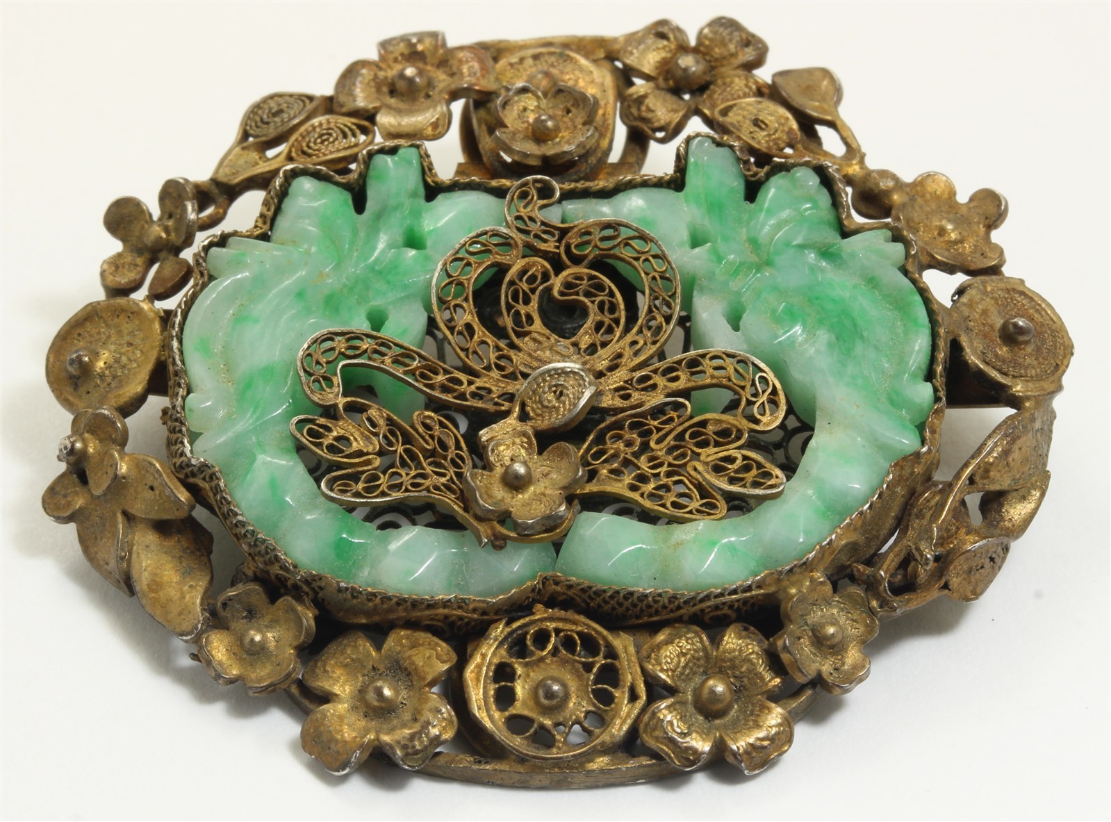 Vintage Chinese Export Sterling Silver Carved Jade Dragon Filigree Brooch Pin
